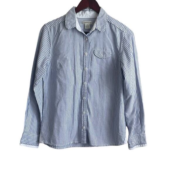 Orvis Women Top 6 Blue White Stripe Cotton Long Sleeve Button Up Preppy Coastal - Picture 1 of 10